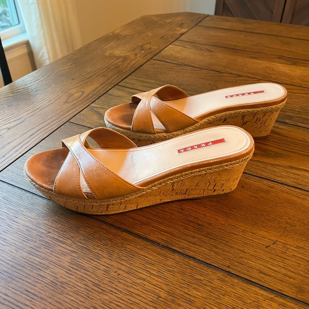 Prada Brown Leather Crisscross Cork Wedge Sandals